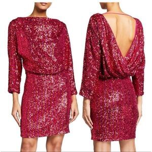 One33 Social Fuchsia Orange Sequin Draped Back 3/4 Sleeve Mini Dress Size 2